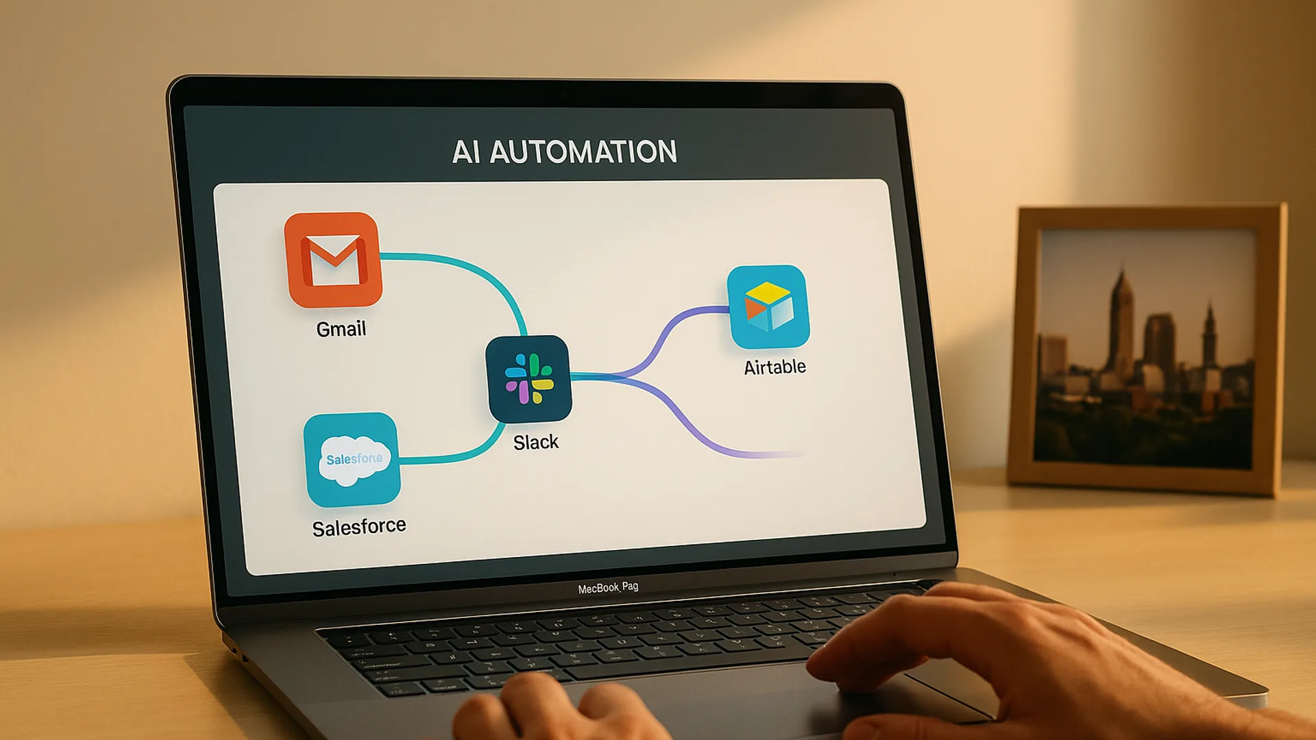 AI automation dashboard for a Cleveland small business, showing workflow connections between Gmail, Slack, Salesforce and Airtable
