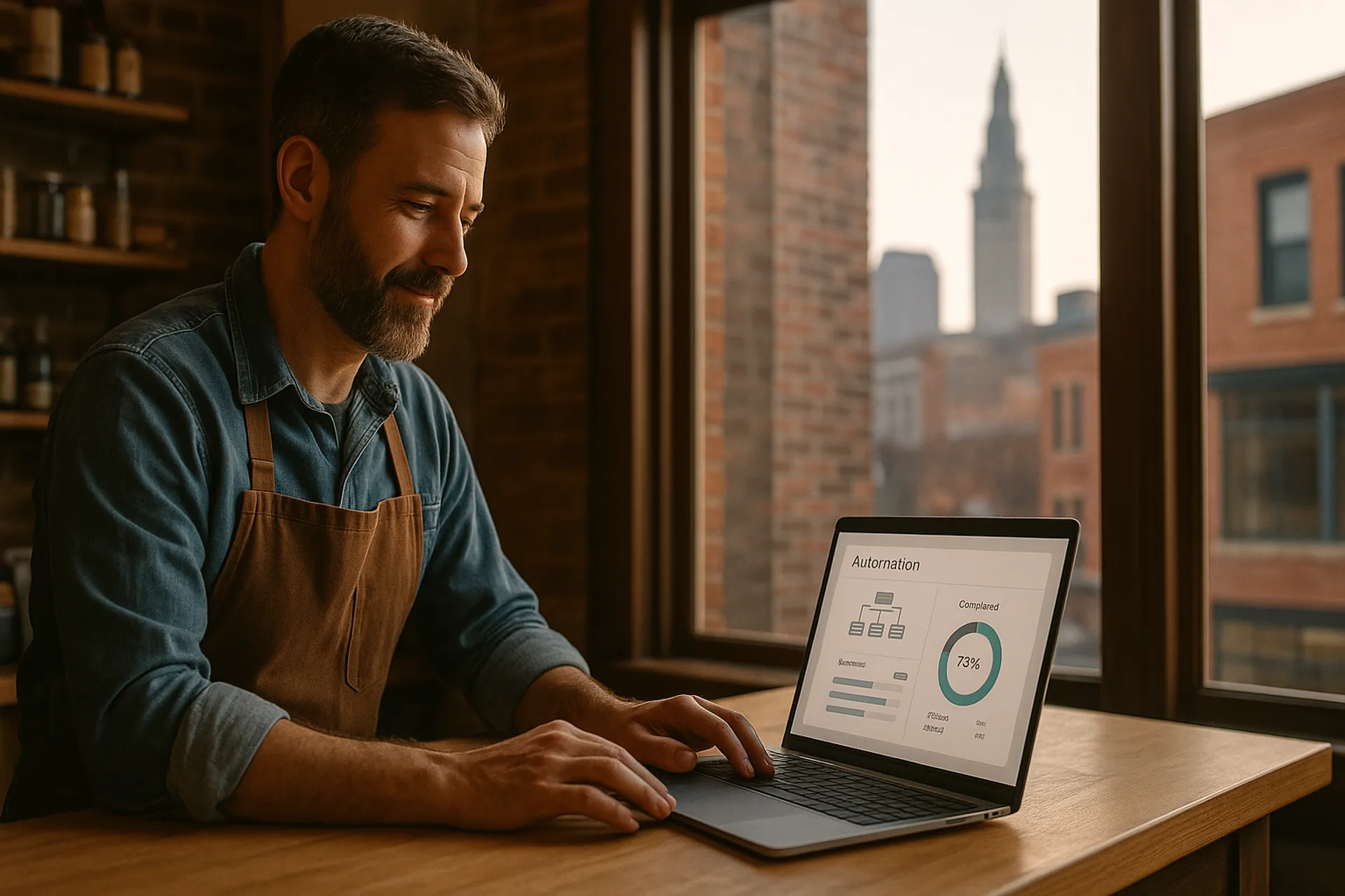Candid Cleveland small business owner reviewing an automation dashboard at a shop counter