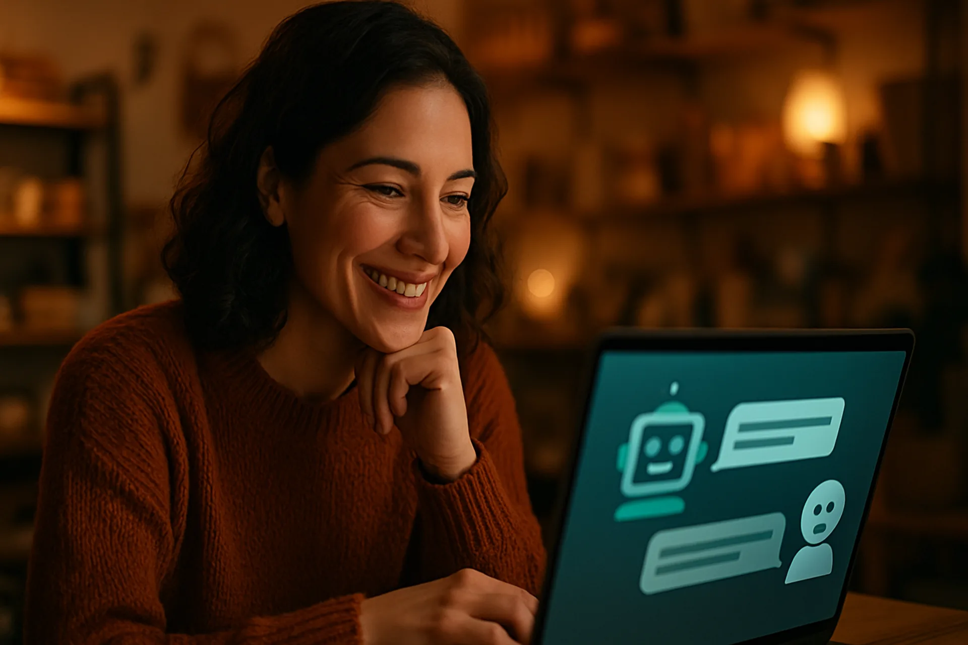 Candid photo of a founder smiling with a laptop open to a chat interface in a cozy shop