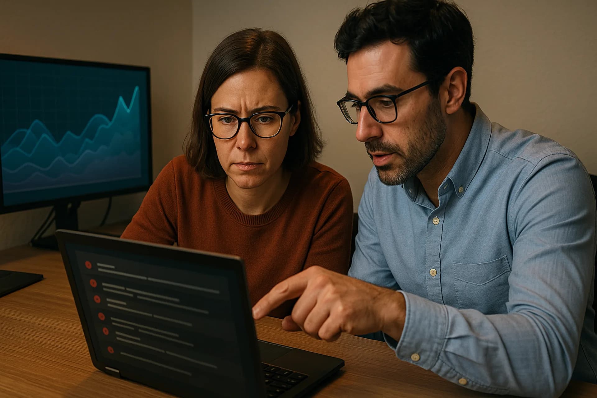 Candid photo of an operations lead reviewing error logs with a developer in a small office